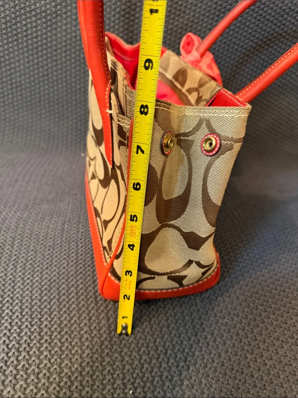 Coach Beige Signature Satchel with Coral Leather Trim and Coral Scarf